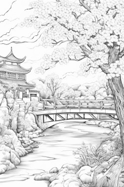 cherry blossom tree in full bloom with falling petals in the background a river and japanese bridge