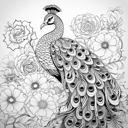 peacock in open pose mandalas theme floral elements detailed drawing