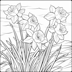 create a blackandwhite coloring page featuring daffodils in full bloom facing the sunlight use bold clear outlines for large petals stems and leaves position some daffodils facing forward and others to the side showing the suns direction keep the design simple with large areas
