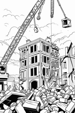 wrecking ball crane knocking down tall buildings with construction workers