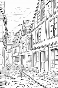 arkheim coloring page old buildings worn statues cobblestone alleys mossy walls wooden shutters faded signs