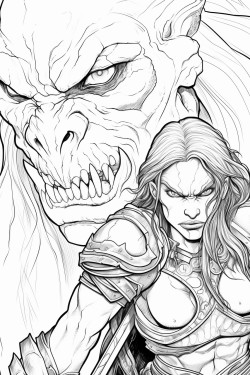 a female warrior battles an ogre