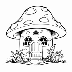 simple blackandwhite coloring page for children age 10 of a boleto mushroom with windows chimney door garden  niji 4