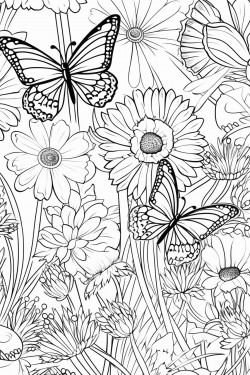 fill the page with butterflies and different varieties of flowers all varying in different sizes