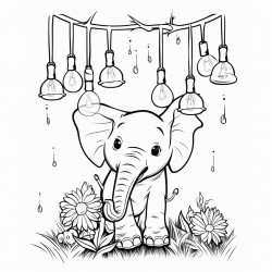 elephant with lighbulbs hanging in the forest