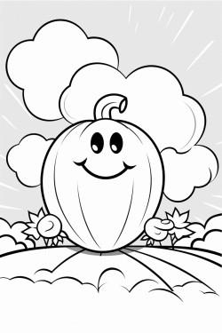 a smiling pumpkin in a field with a sun in the top right corner and a couple of clouds