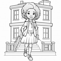 a african american little girl with a long jean skirt standing on a building