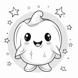 cute ghost holding a pumpkin smiling with big round eyes surrounded by stars bats and a crescent moon