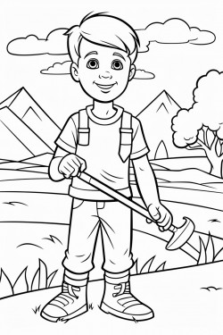 a farmer boy holds a hoe and axe a farm in background bold and easy
