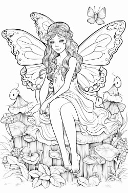 a fairy sitting on a mushroom surrounded by butterflies