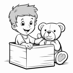a toy box with a teddy bear peeking out and the kid is putting the toy back in that box
