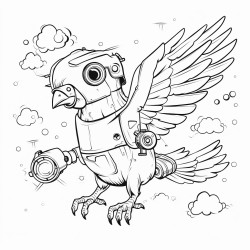 a bird with robotic parts flying through the clouds