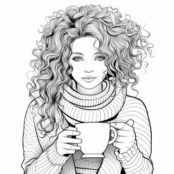 beautifull girl with curled hair and a cozy knitter sweater holding a big cup of coffee in her hands