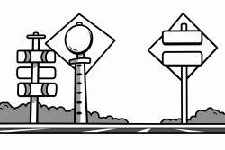 traffic signs on the side of the road such as a stop sign and a detour sign