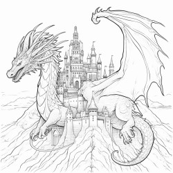 a dragon flying over a castle