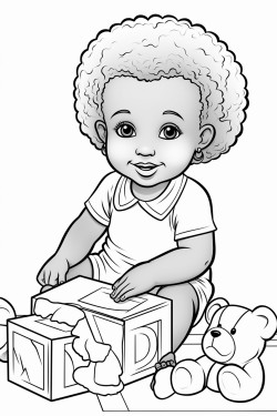 beautiful chubby young african american baby girl sitting in upright position smiling while playing with letter blocks