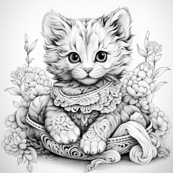 cute cat playing with a ball of yarn with intricate patterns all over the image with no shading
