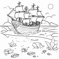 treasure in a beach with pirate boats sailing in a lake behind