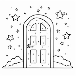 una puerta abierta hacia un horizonte luminoso con detalles de estrellas alrededor pgina para colorear