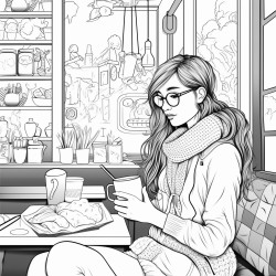 girl sitting in coffee shop crocheting