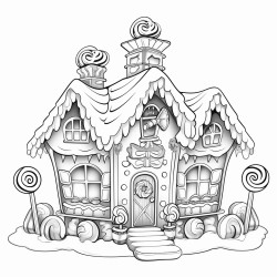 a cute gingerbread house with candy decorations and a gumdrop pathway christmas stockings