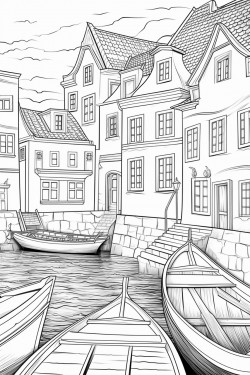 coastal town coloring page houses with tiled roofs cobbled street wooden dock fishing boats