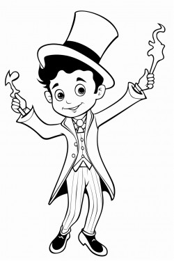young cartoon boy dressed as a magician tapping a wand on an upsidedown top hat