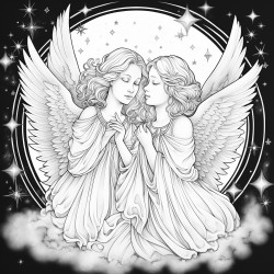 two angels hugging among a star filled sky