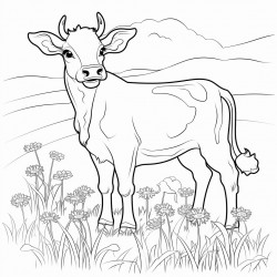 adolescent cow in pasture with grass and flowers