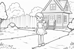 a little girl wearing a dress standing near a house with a garden path leading to the woods