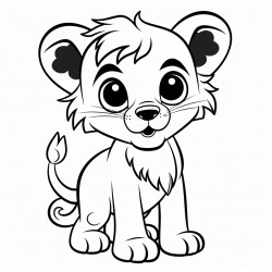 black and bright white whimsical cartoon lion cub full body on white background coloring page