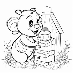 bear struggle stealing honey from beehive with full of buzzing bees