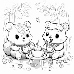 chibi style forest animals drinking tea autumn scene cozy