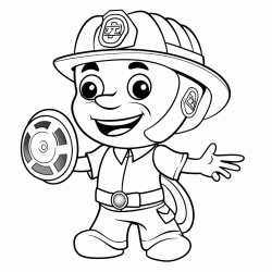 cartoon firefighter pushing alarm button on smoke detector
