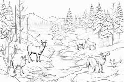 a winding frozen river lined with frosty trees and rocks woodland animals like foxes deer and rabbits skate playfully on the ice each animal has a unique pose and their fur is dusted with snowflakes small pine trees and snowcovered rocks surround the scene