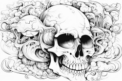 psychedelic melting image with a dragon magic mushrooms and a skull