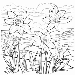 create a blackandwhite coloring page featuring daffodils in full bloom facing the sunlight use bold clear outlines for large petals stems and leaves position some daffodils facing forward and others to the side showing the suns direction keep the design simple with large areas