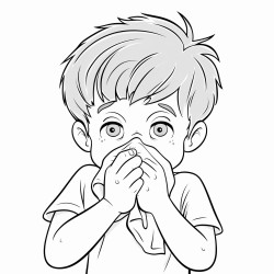 3 to 5 year old boy sneezing into a tissue covering his nose and mouth