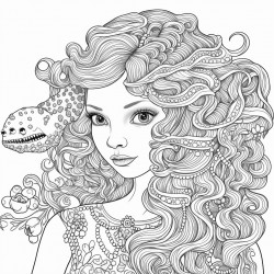 a coloring page of a curly haired mermaid girl with a pet octopus