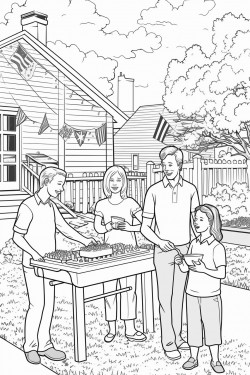 family bbqing in backyard with fourth of july decor all around