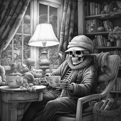 skeleton in fuzzy socks reads a book sipping tea in a cozy bedroom with string lights cobwebs and fall decor