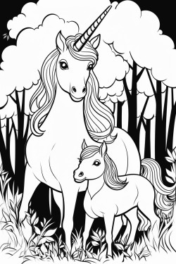 unicorn bermain di hutan dengan anak
