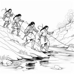 prompt native americans crossing a river on foot using a grapevine as a rope to keep them connected