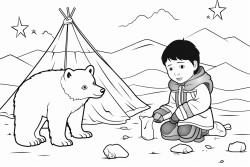 inuit boy kneels by pile of amber and sun in sky with northern lights polar bears too tipi in background