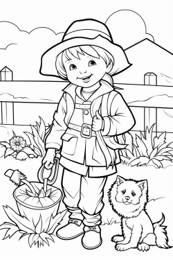 create a simple bold line drawing for a childrens coloring book featuring a scarecrow with animals in the farm