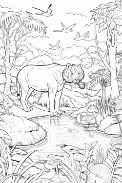a vibrant scene showing a variety of forest and jungle endangered animals in their natural habitats
