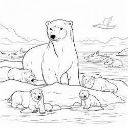 a seal swimming in the sea with polar bears on the shore