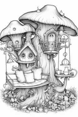 mushroom houses with a beautiful garden with a gnome snoozing in a hammock hanging from two trees in the garden