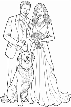 bride and groom with two golden retrievers and an english springer spaniel