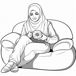 beautiful hijabi sitting on a couch having a donut in casual clothinh jeans